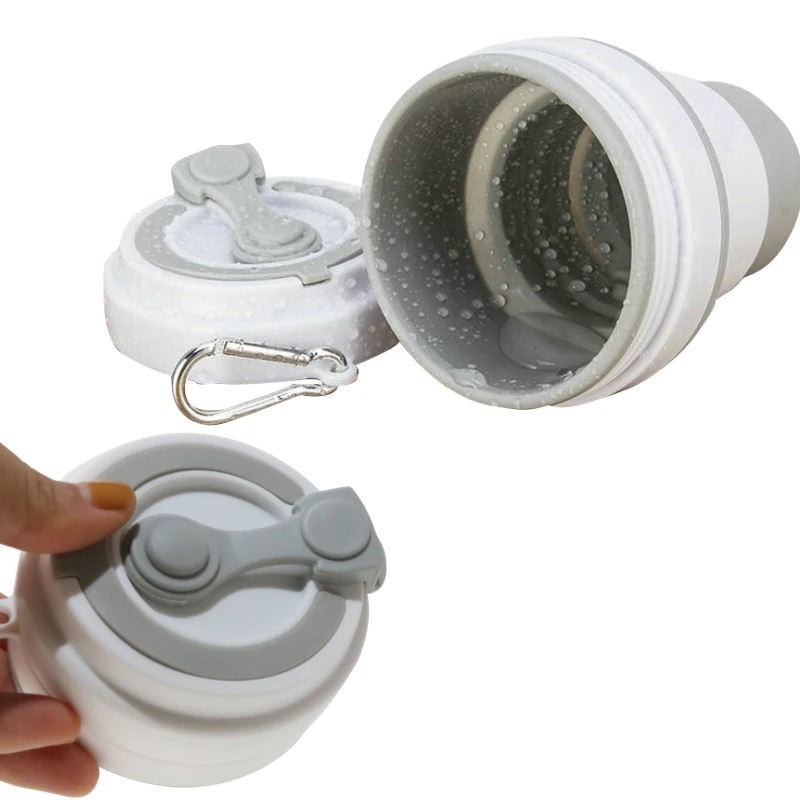Portable Silicone Collapsible Folding Travel Mug 350ml Outdoor Foldable Silicone Coffee Water Cup Mug with Lid and Carabiner