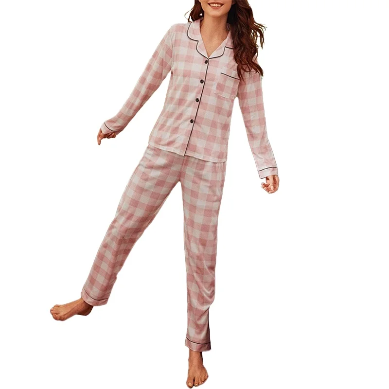 Hot style pajamas women long sleeved lattice pajamas fresh pink striped set loose comfortable pjs for women
