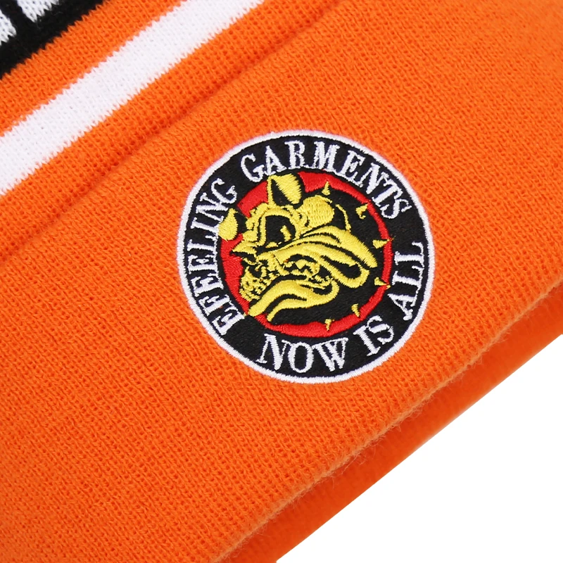 Bobble Hat Orange Black Custom Embroidered Logo Warm Wool Outdoor Skiing Beanie With Pom