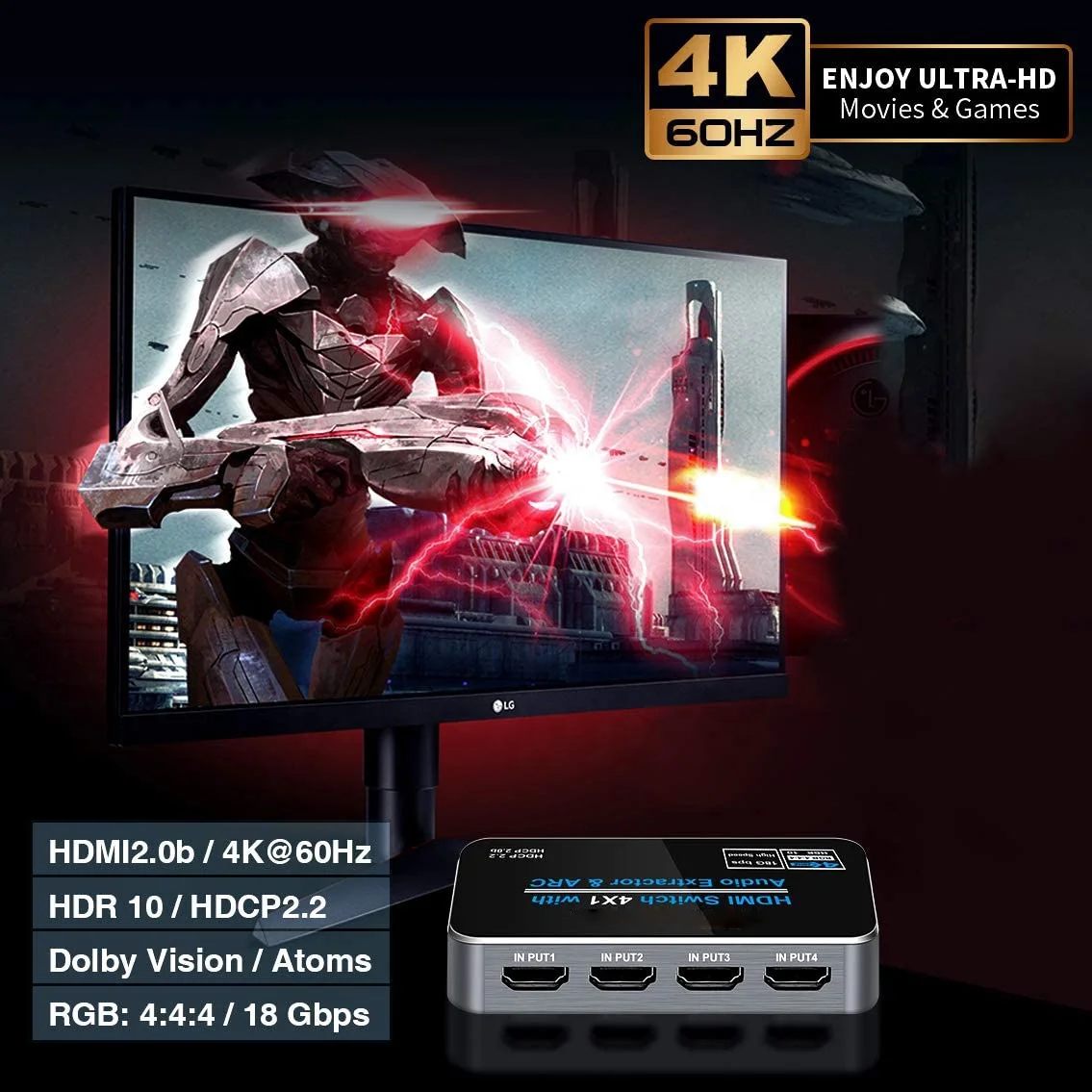 Переключатель OZQ4 4K @ 60 Гц, 4 порта HDMI 2.0b, выход 4 в 1 с оптическим аудиовыходом 3,5 мм, удаленный аудио экстрактор ARC HDCP2.2