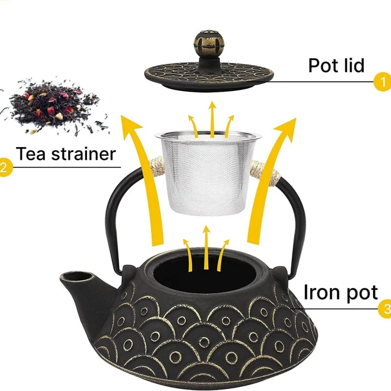 Cast Iron Teapot, Japanese Tetsubin Tea Kettle with Infuser for Loose Tea - Stovetop Safe Coated with Enameled Interior