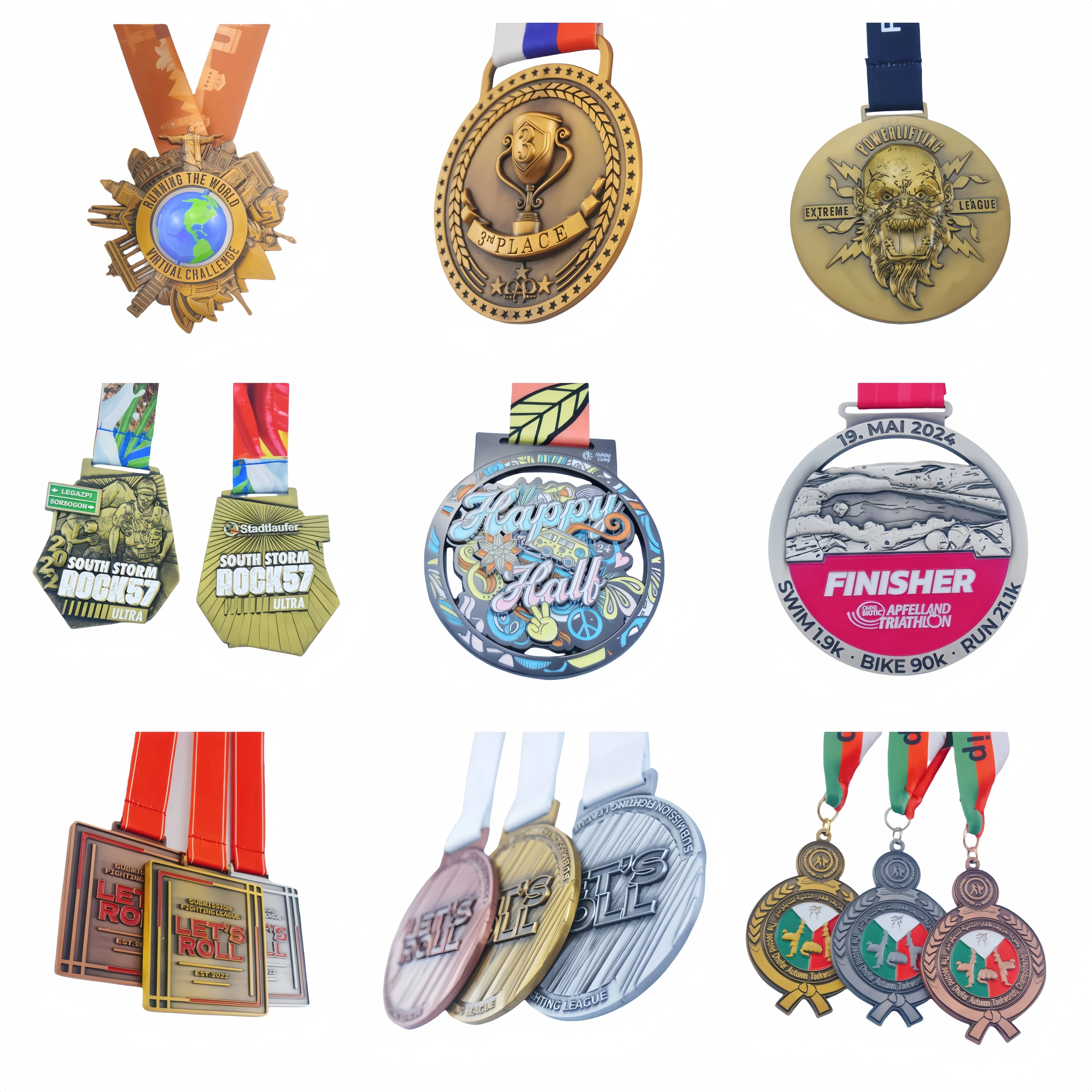Manufacturer Customized 5K 10K Earth Seven Wonders World Running Marathon Antique Plating Spining Metal Medal For Challenge