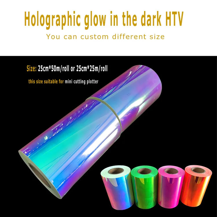Htv rolls for glowing color 0.5*25m ro holographic flex Vinil luminous transparent Glow In The Dark Heat transfer vinyl