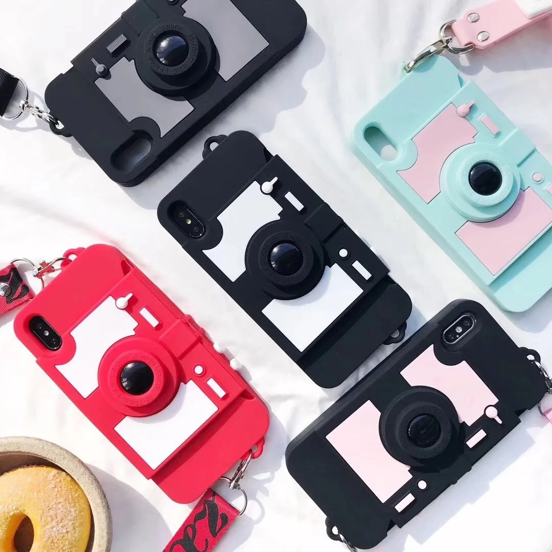 Hot Sale 3D Cute Camera Design Phone Case with Crossbody Strap for iPhone 14 Girls Card Slot Cover for iPhone 13 12 11 XS X XR
