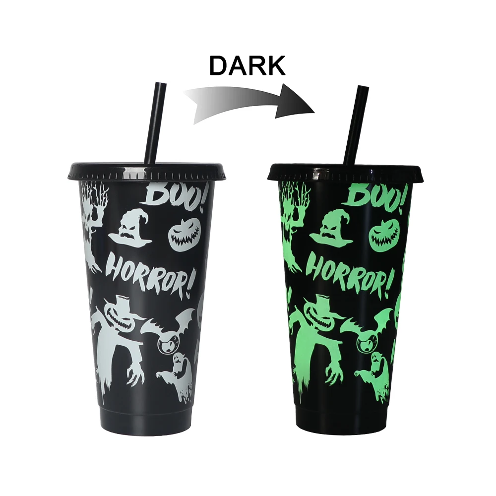 New Luminous custom cold coffee drink bottle party plastic tumbler glow in the dark cup with straw