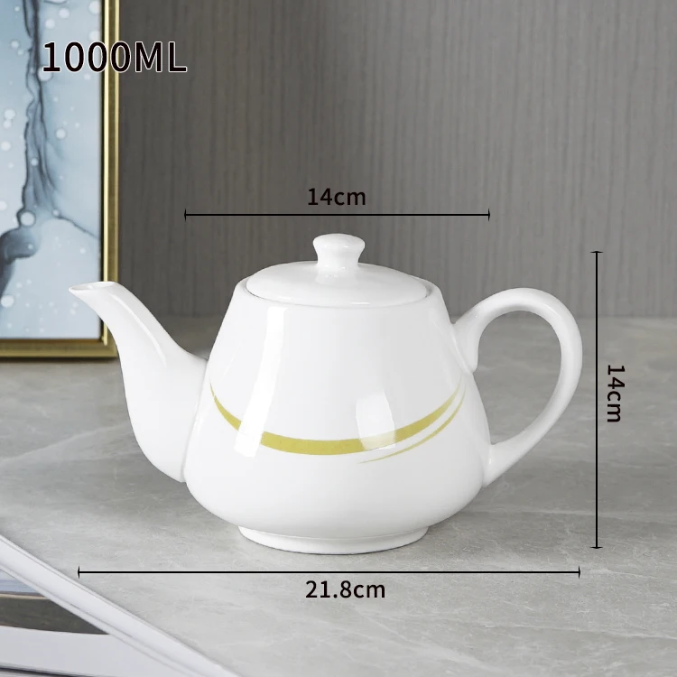 1000ml Porcelain White Ceramic Teapot With Yellow Color Simple Decal Printing Strength Handle Classic Pot Mold