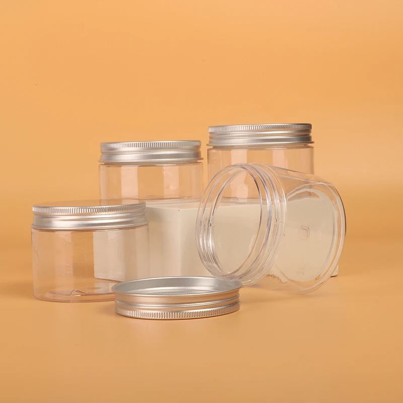 Spot customization 100ml 200ml 8oz 300ml 12oz 500ml clear wide mouth cosmetic containers plastic pet jar with aluminum lid