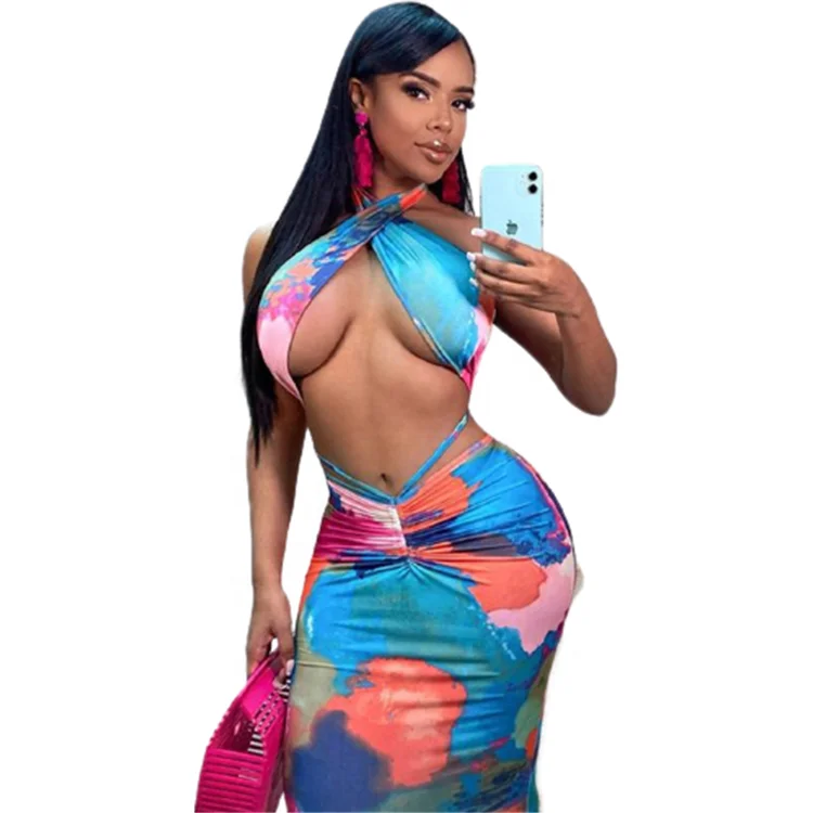 Hot sales high quality sexy women sleeveless halter hollow out clothes set charming lady summer skirts set