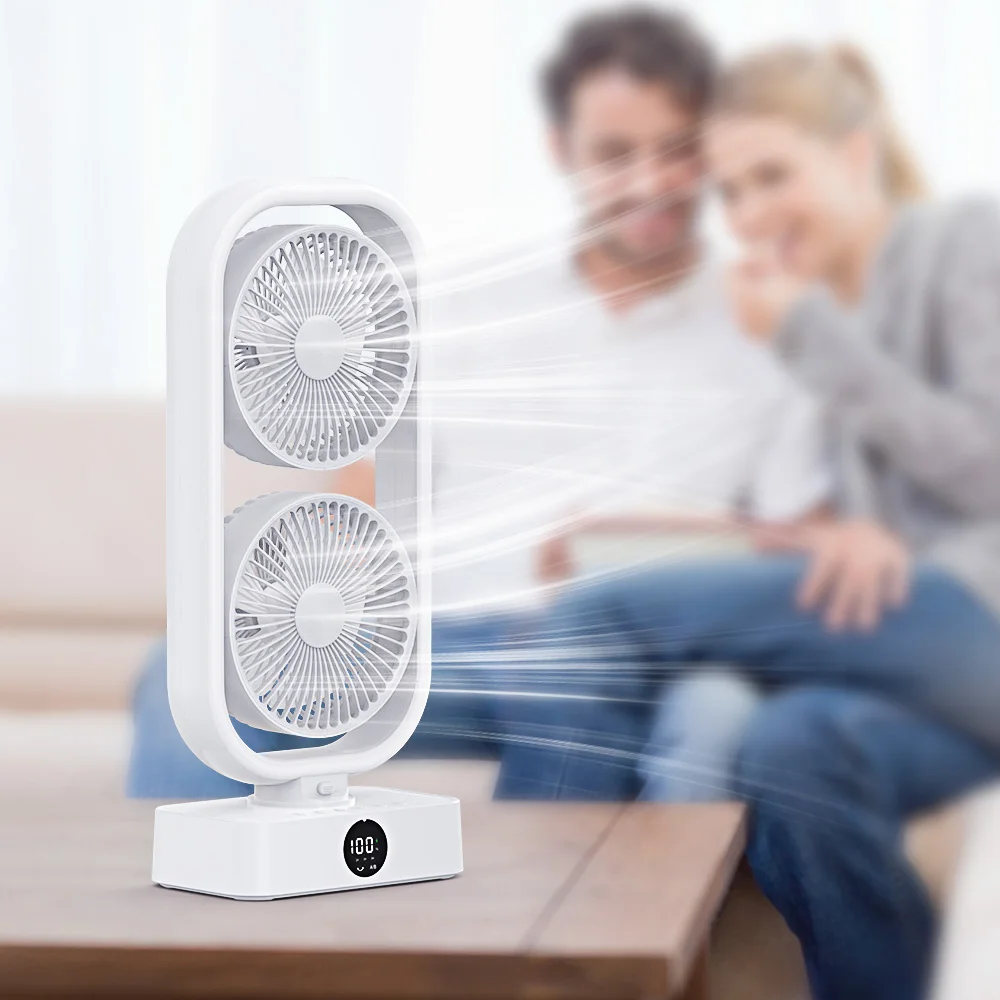 New Design Rechargeable Table Desk Fan 10000mAh Battery Standing USB Charger Electric Oscillating Double Head Mini Tower Fan