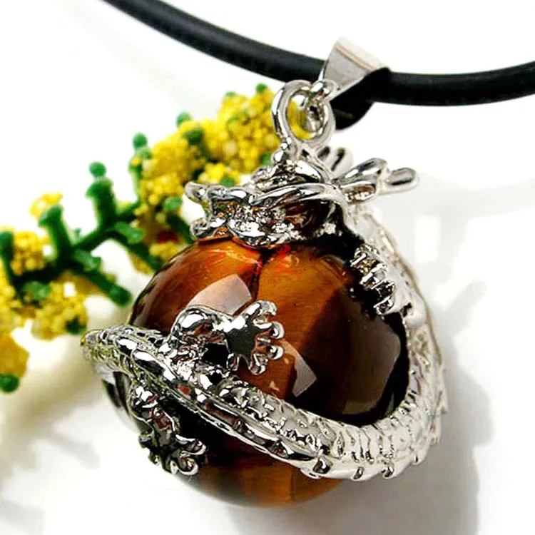 
ML Natural Stone Round Beads Pendant Wrap Chinese Dragon Healing Crystal Quartz Reiki Chakra Pendant Jewelry 