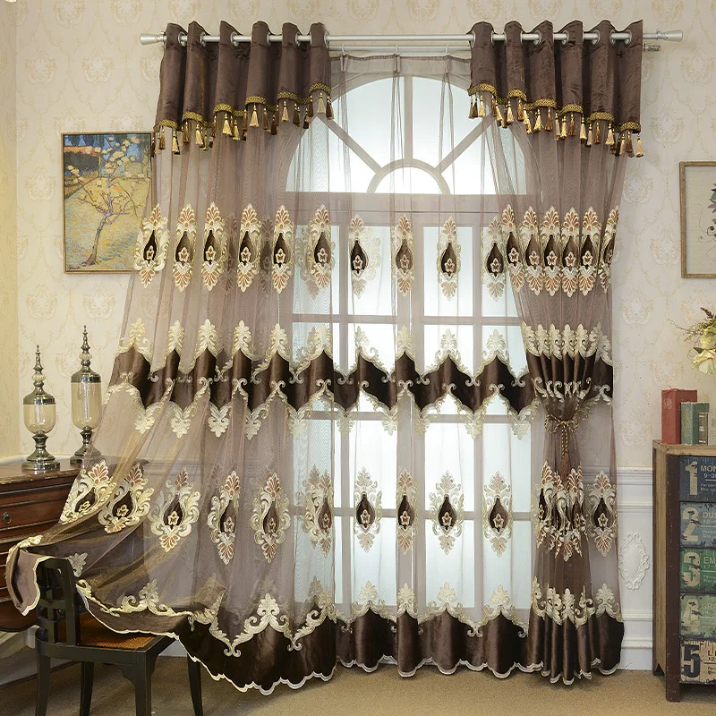 High Quality Woven Embroidery Organza Matched Velvet Voile Fabric Curtains