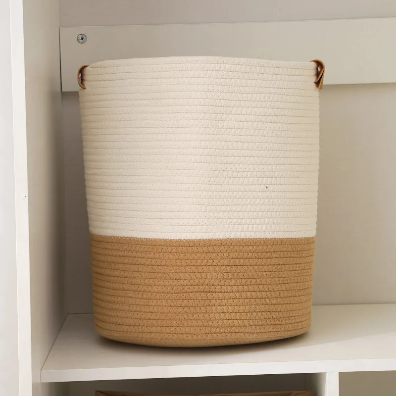Leather Handle Large Cotton Rope Woven Laundry Basket Hot Color Collocation Capacity Storage Dirty Clothes