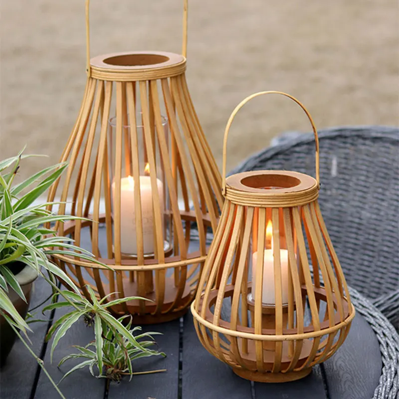 2023 Hotsale New bamboo lanterns decorative windproof candle lamp ornaments home stay wind log rattan floor lantern candle