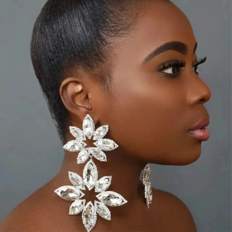 Fashion 2024 Exaggerated Oversized Flower Drop Earrings Jewelry For Women Luxury Crystal Geometric Big Large Dangle Earrings