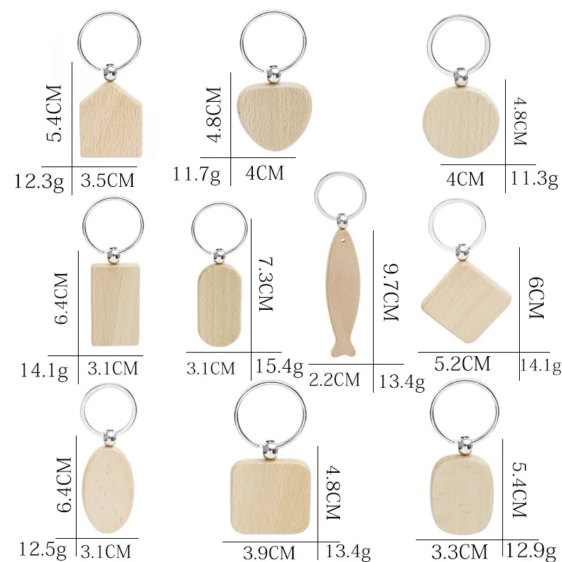 Personalized Customized Printing Carving DIY logo Rectangle Square Round Heart Shape Blank Wooden Keychain keyring