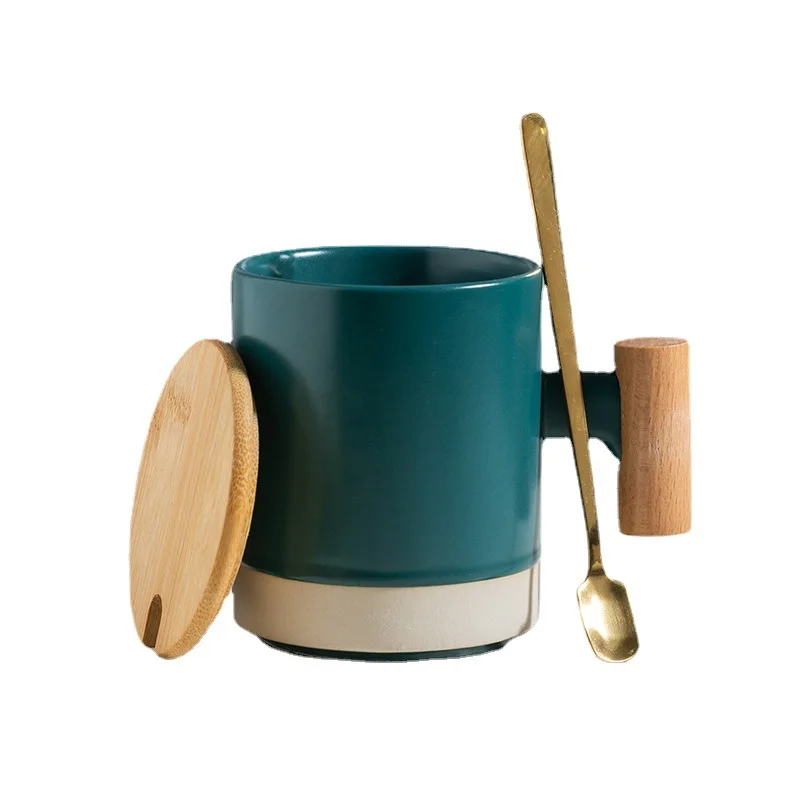 Japanese Style 12oz Cappuccino Coffee china Ceramic mug Cup with wood handle