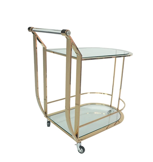 Nordic Light Luxury Golden Serving Stroller Home Small 2 Tier Oval Glass Table Top And Cast Iron Rack Bar Cart Trolley