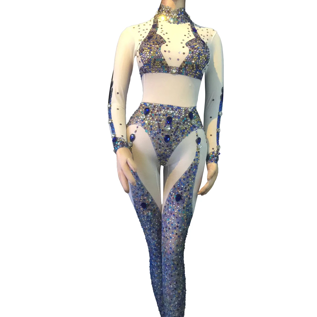 Women Birthday Celebrate Nightclub DJ Dance Costume Colorful Rhinestones Sexy Bodysuit Female Singer Perspective Jumpsuits