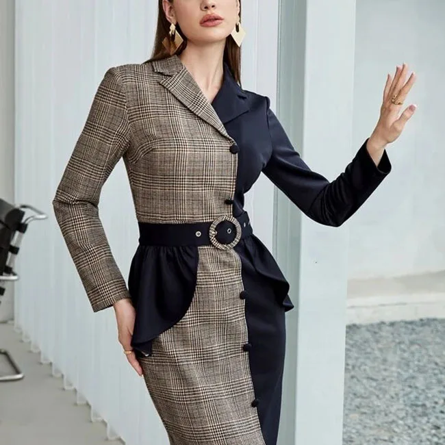 2022 Spring and autumn long sleeve lapel matching color plaid waist girdle work dress women