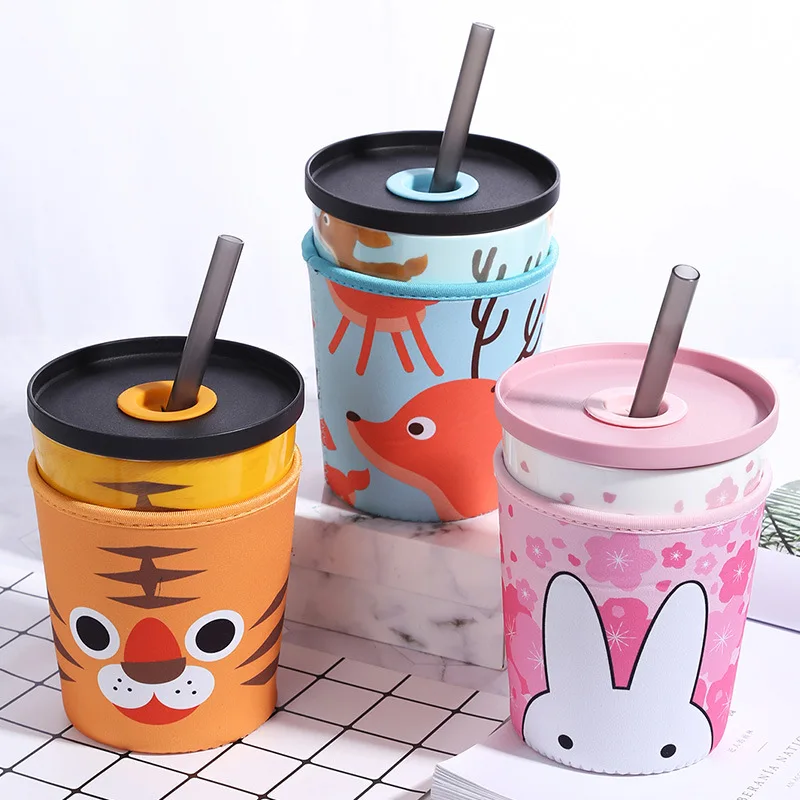 Wholesale Double Wall Drinking Cups Large Capacity Ceramic Travel Coffee Mug with Straw Lid and Spoon Packaging Boxes for kids