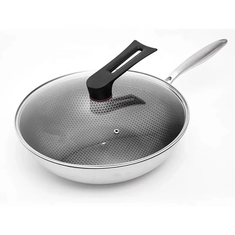 High Quality 32cm Triply Stainless Steel Honeycomb Non Stick Wok Pan With Lid