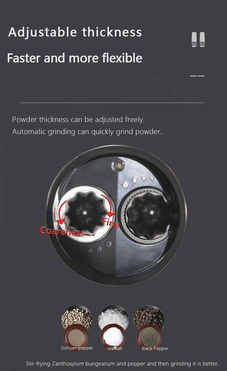 SP 2-in-1 salt& pepper grinder,  the LED indicator light is polished immediately, the translucent silo margin is clearly visible