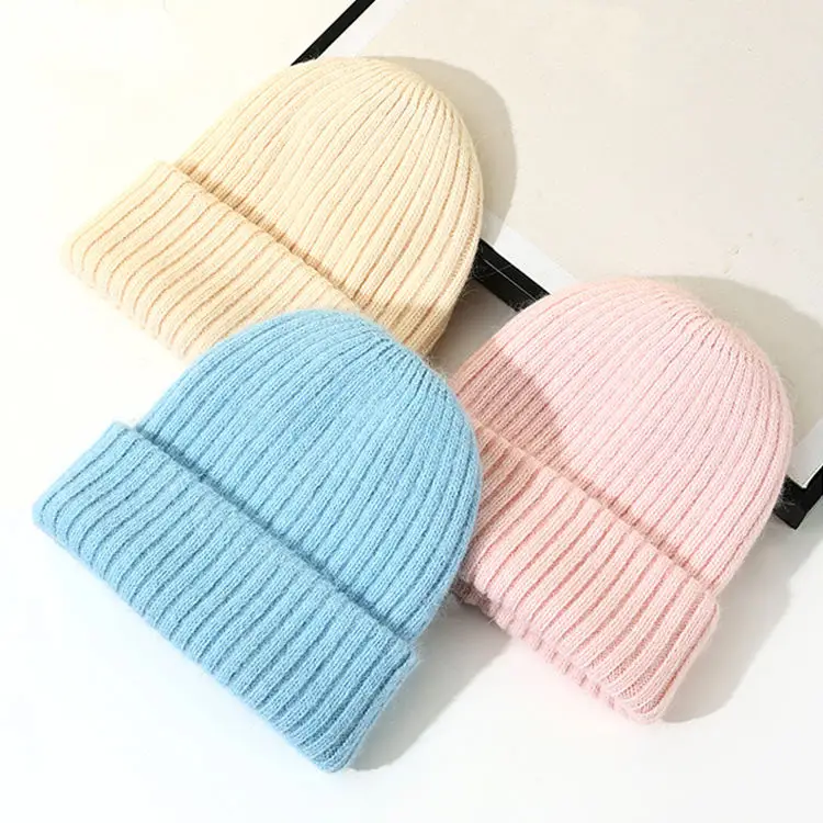 High Quality Custom Designed Rabbit Fur Knitted Beanie for Women Classic Warm Winter Hat Solid Plush Style Daily Outdoor Use