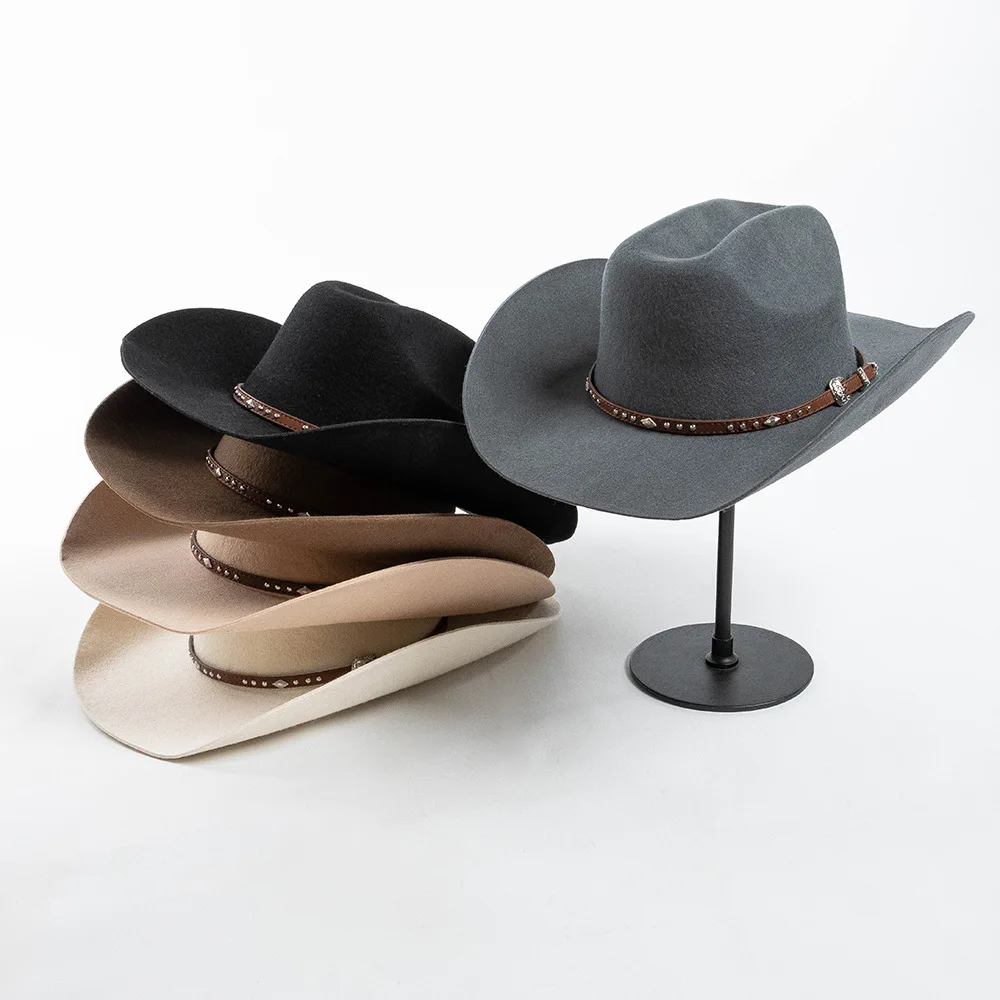 Wholesale 2024 New Arrival Deluxe Sombreros 100% Wool Felt Mexican Men Cowboy Hat with Rivets Leather Belt