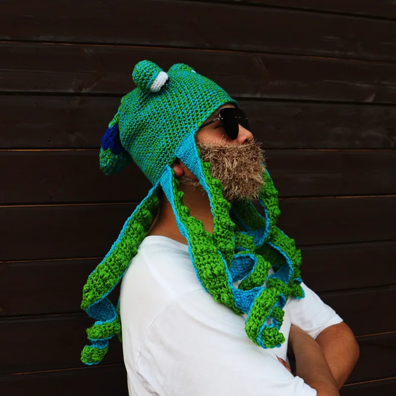 Cartoon Octopus Viking Beard Gift Hats, Cute Novelty Hats For Winter Warm Skiing Biking/