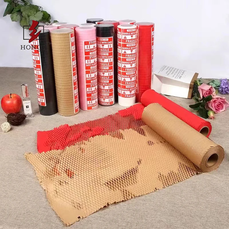 HONGE Hot Selling Biodegradable Gift Wrapping Paper Roll Recycled Brown Perforated-Packing Honeycomb Kraft Packing Paper Roll