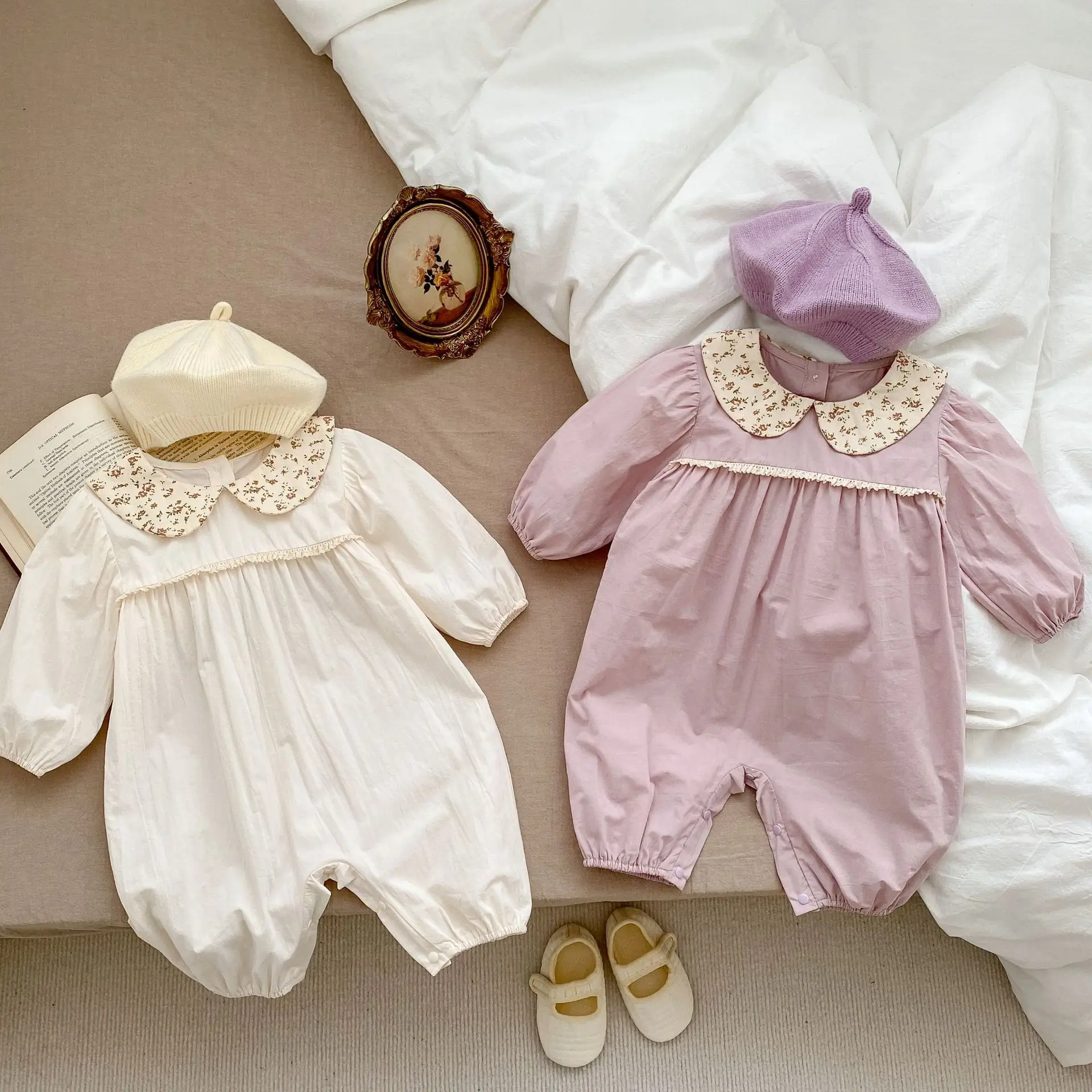 2024 Spring and Autumn Baby jumpsuit thin, sweet and beautiful baby floral collar bag fart clothes long climbing clothes