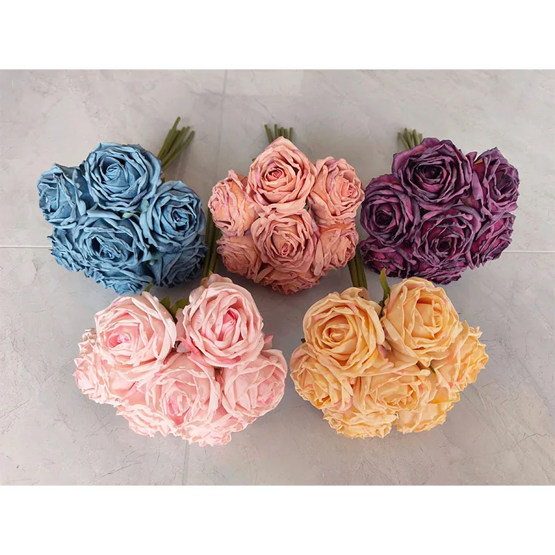 YIWAN Hot sale wholesale 7 burnt edge lychee roses silk Rose Bunch Artificial silk Flowers for home wedding decoration