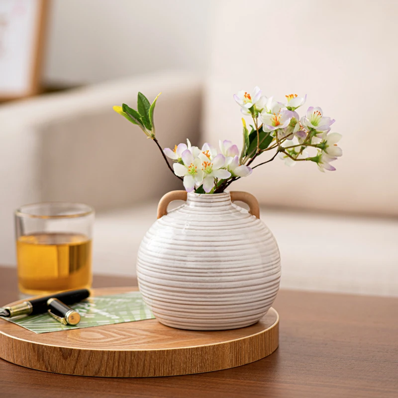 2024 New Rustic Dual Ear Horizontal Ripple Ceramic Vase Flower Vase Table Vase