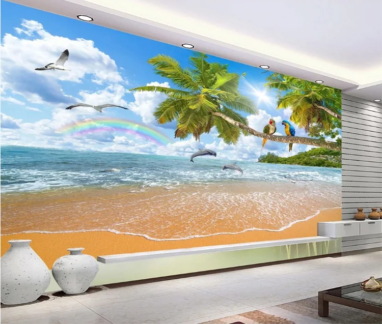 Romantic seascape coconut wallpaper non woven parrot landscape maldives 3d wallpaper