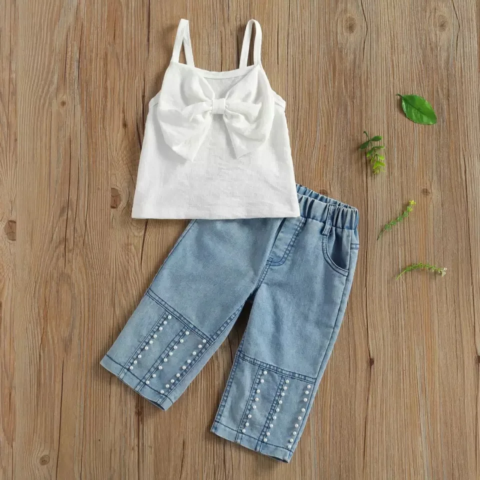 
1-6Y Summer Lovely Kids Girls Clothes Sets 2pcs Sling Bowknot Cropped Shirts With Pearls Blue Denim Pants 