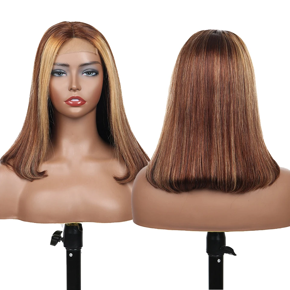 Highlight Ombre Lace Front Short Bob Wigs Human Hair for Black Women, 150% Density, Remy Hair Brown Blonde Straight