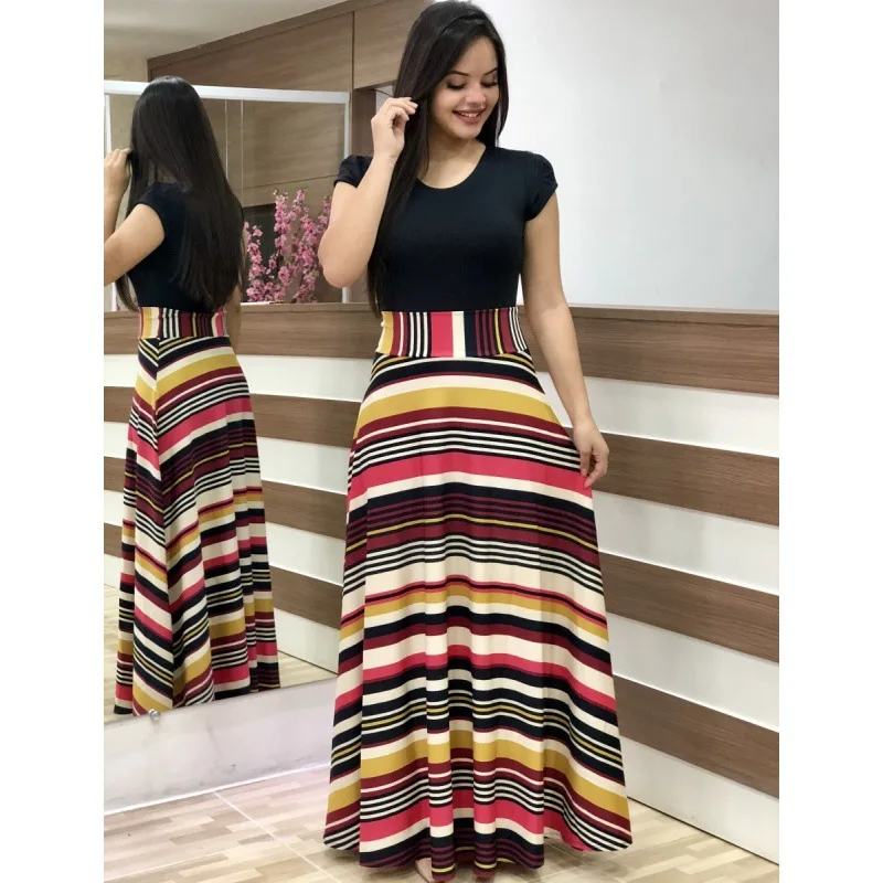Spring Autumn Casual Robe Elegant Ladies Party Long Maxi Dress Women Short Sleeve Floral Print Dress