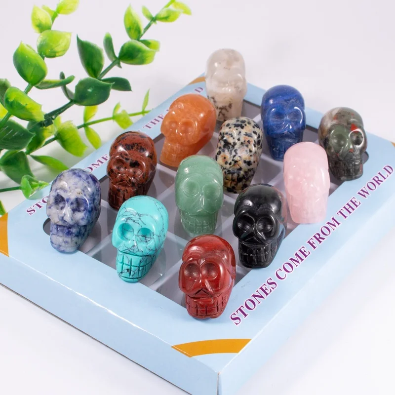 1inch 12pcs Mixed Color Natural Healing Gemstone Crystal Skulls Head Stone Ornament Carving Crafts for Home Decoration