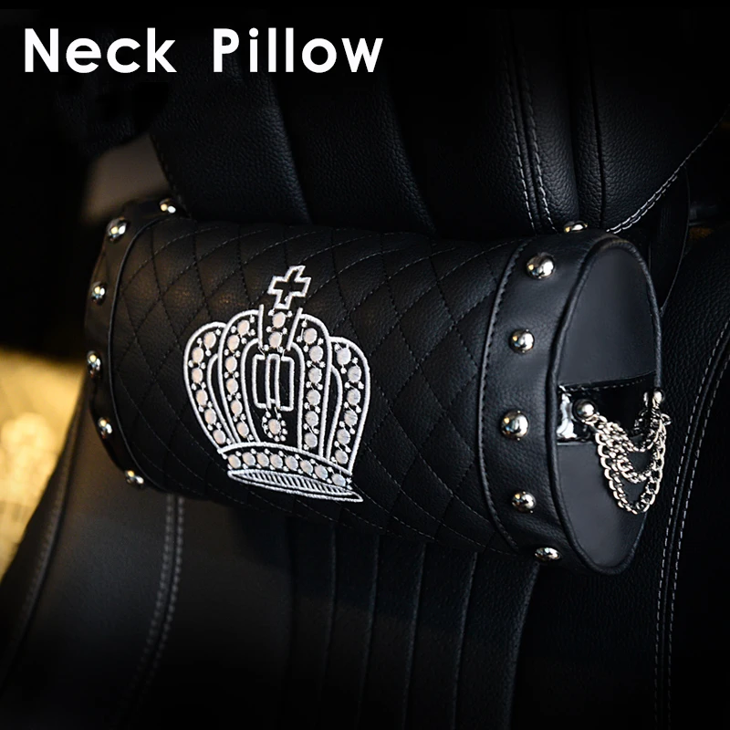 
Crystal Crown Leather Punk Style Rivet Car Interior Accessories Seat Cushion Back Cushion Headrest Neck Pillow 