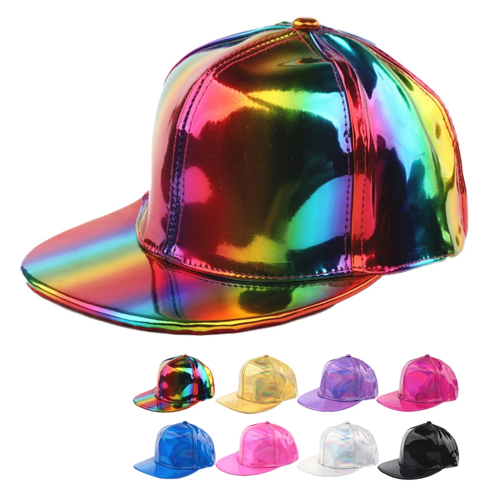 Custom logo 6 panel laser baseball cap reflective street hip-hop waterproof PU colorull stage sports hats