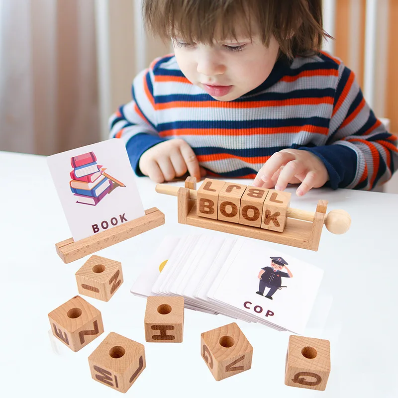 
Wooden Educational Alphabet Letters Learning Beads Toy Words Spelling Flash Cards Cubes Toy Kit for Kids <span style=