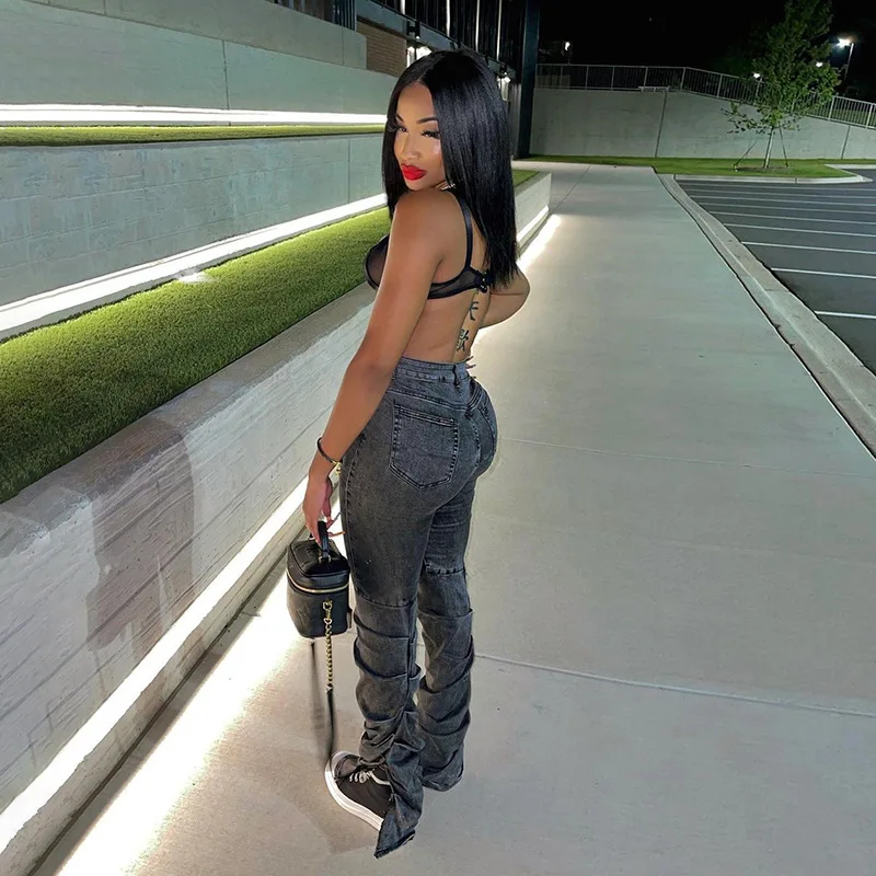 New Trendy Spring Fall Custom Street Wear Ladies High Waist Women Trousers Split Fork Stacked Long Pants Denim Jeans For Women