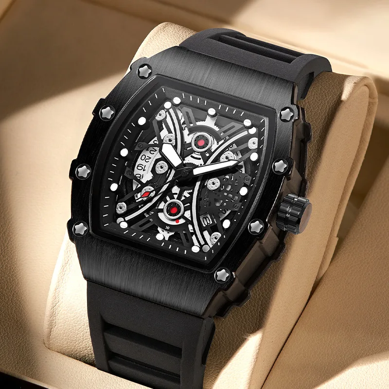 Quartz Watch for Man Waterproof Chronograph Luxury Luminous Silicone Fashion Wrist Watches Military Sports Tonneau Wristwatch