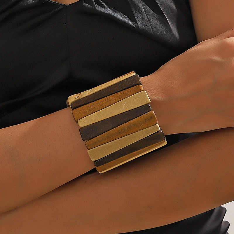 2024 New Arrival Fashion Jewelry retro exaggerated simple bracelet geometric rectangular lucky wooden bracelet couple jewelry