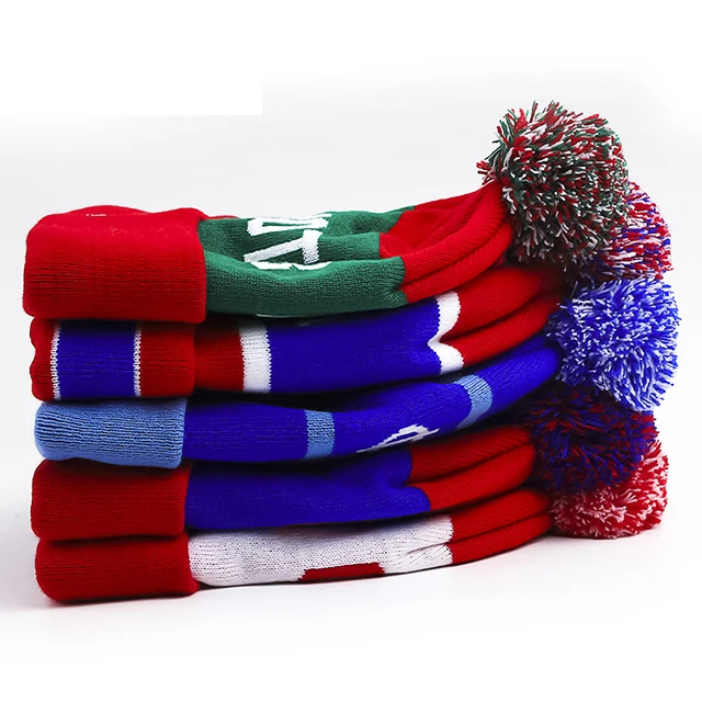Custom embroidered jacquard Knitted Beanie Hat with pom pom, bobble hat