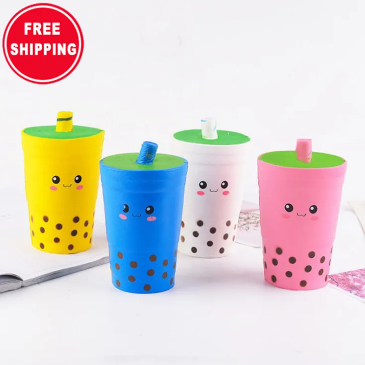 Free shipping jumbo children adult fidget decompression PU slow rebound pearl milk tea cup strawberry  boba squishy plush toy