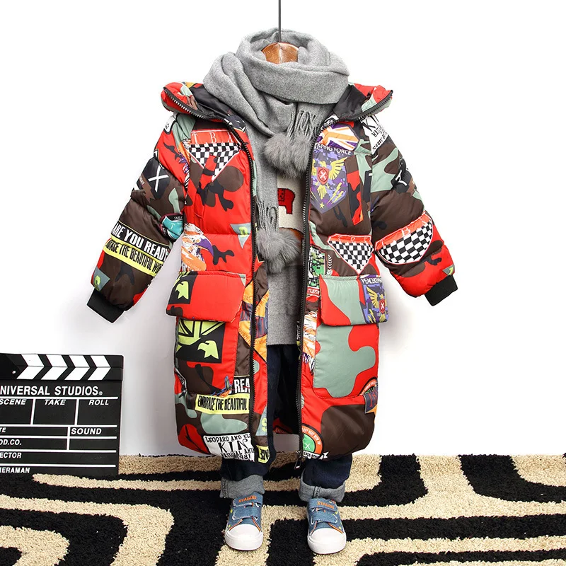 Jacket for Boys 2019 New Brand Hooded Winter Jackets Graffiti Camouflage Parkas For Teenagers Boys Thick Long Coat Kids Clothes
