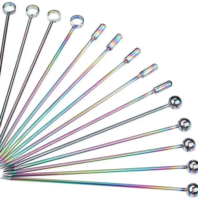 Colorful Cocktail Picks Stainless Steel Fruit Stick Bar Tool Reusable Metal Cocktail Skewers Fruit Pin Needle Toothpicks