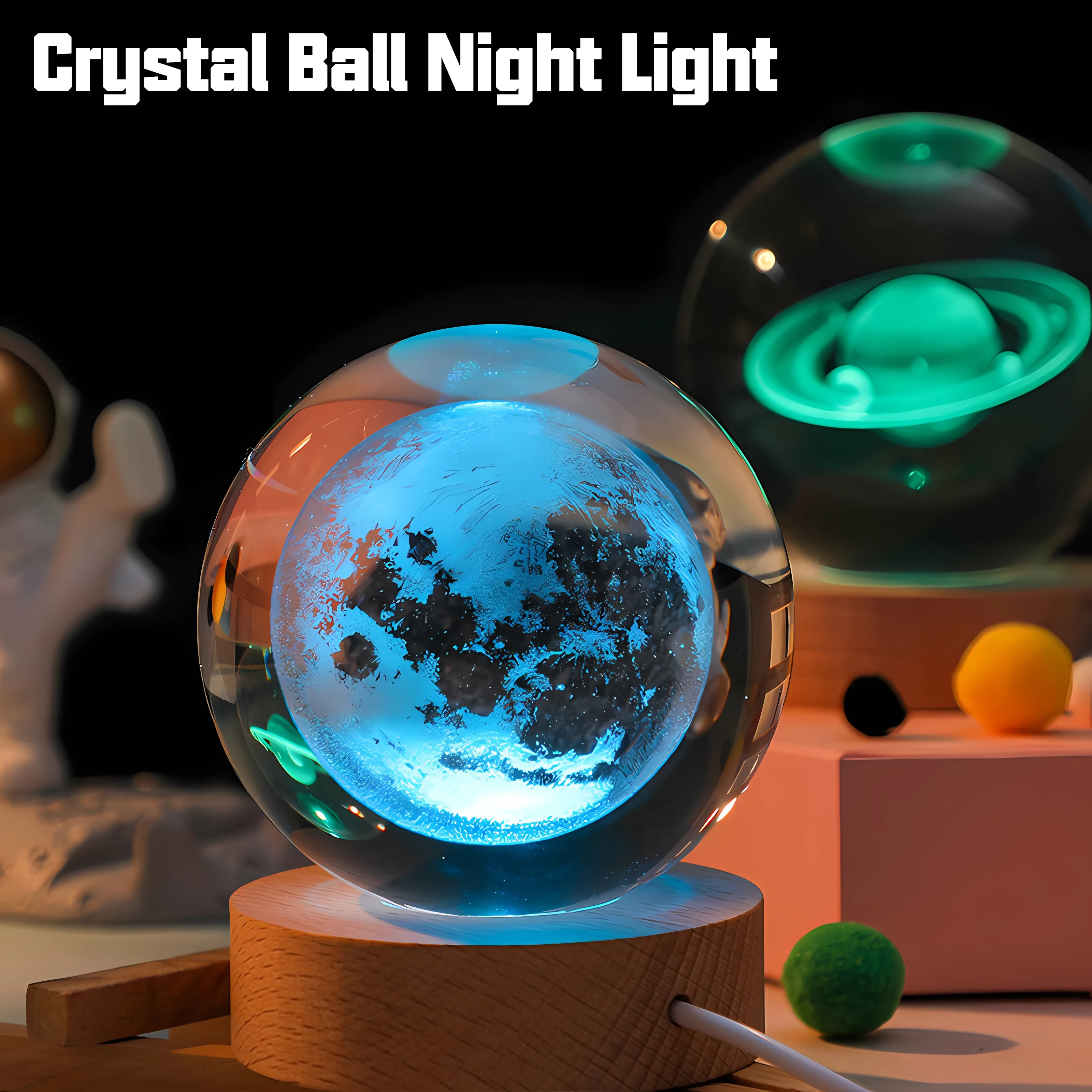 Crystal Solar System Moon Nebula Crystal Ball Luminous Crystal 3D Ball Night Lamp With Wooden Led Night Light Base