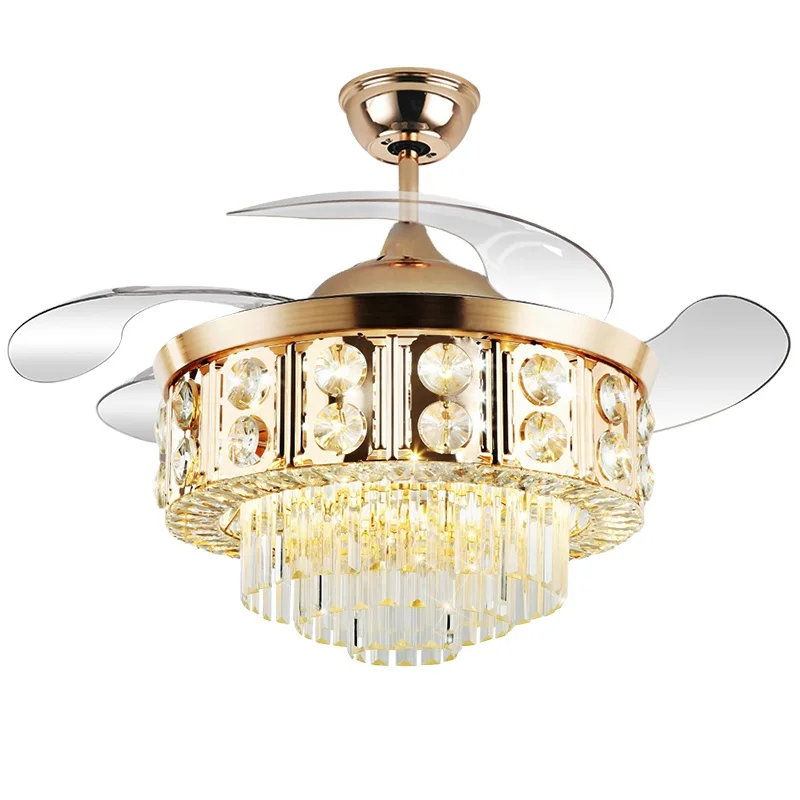 744C Luxury crystal fan light hidden blades 42 inch 110V 220V remote control for bedroom living room